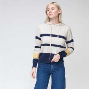 Kokun Lightweight Cashmere Striped Pullover Hoodie Cream Navy Medium
